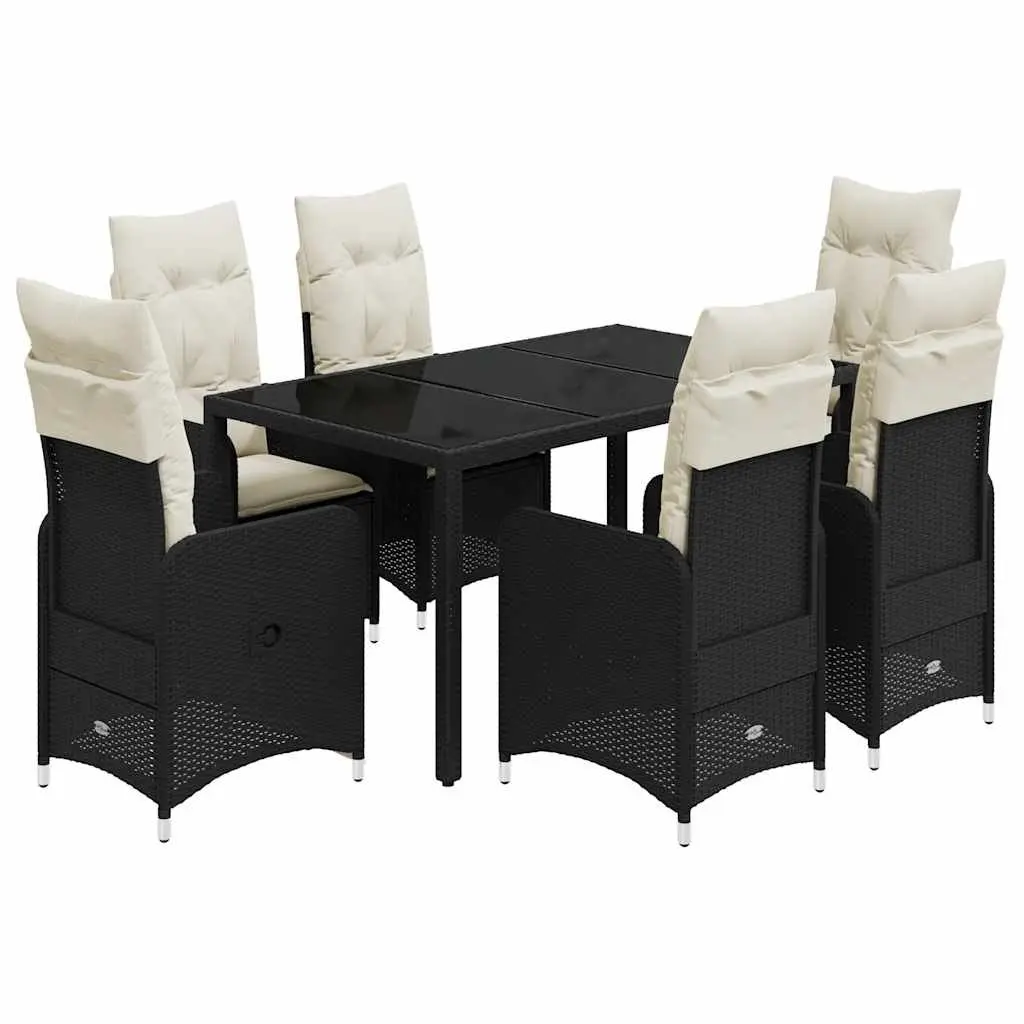 7 Piece Garden Bistro Set Outdoor Furniture Black Poly Rattan with Cushions