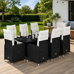 Garden Bistro Set 9 Piece Outdoor Furniture Black Poly Rattan Cushions Glass
