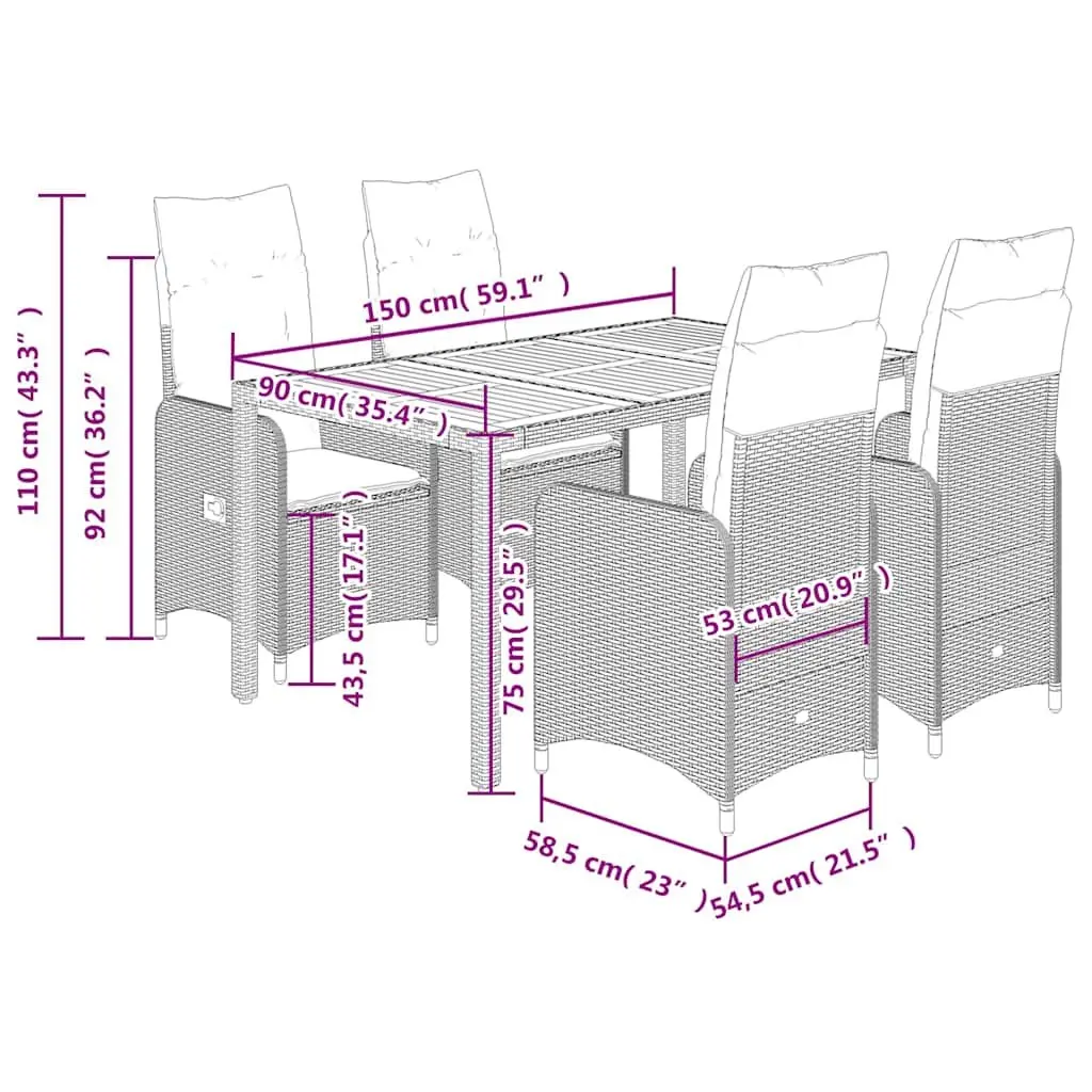 Garden Bistro Set 5 Piece Outdoor Furniture Grey Poly Rattan with Cushions