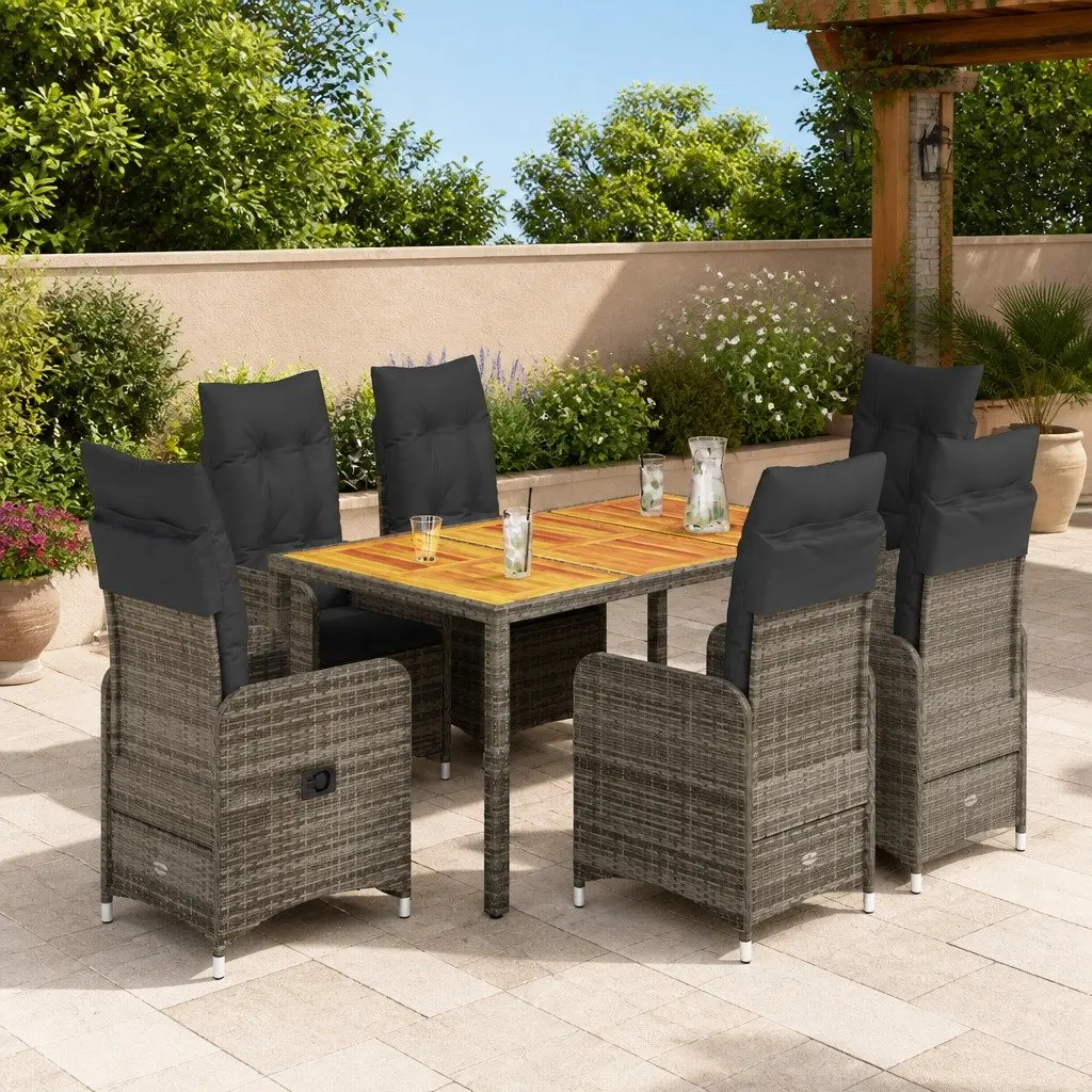 Garden Bistro Set 7 Piece Grey Poly Rattan Outdoor Furniture with Cushions