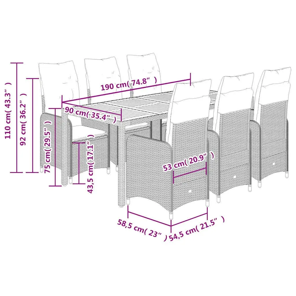7 Piece Garden Bistro Set Outdoor Furniture Adjustable Backrest Grey Poly Rattan