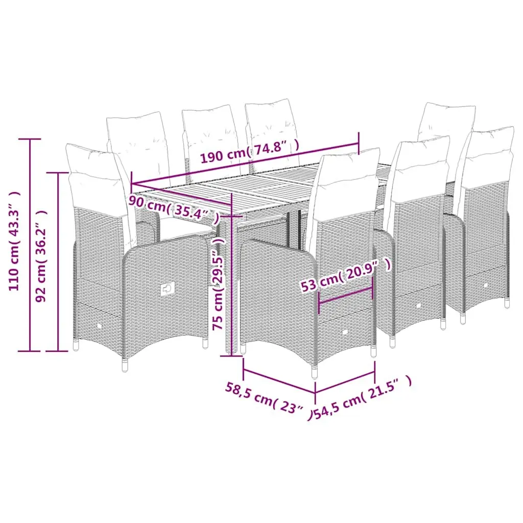 9 Piece Garden Bistro Set Outdoor Furniture Adjustable Backrest Grey Poly Rattan
