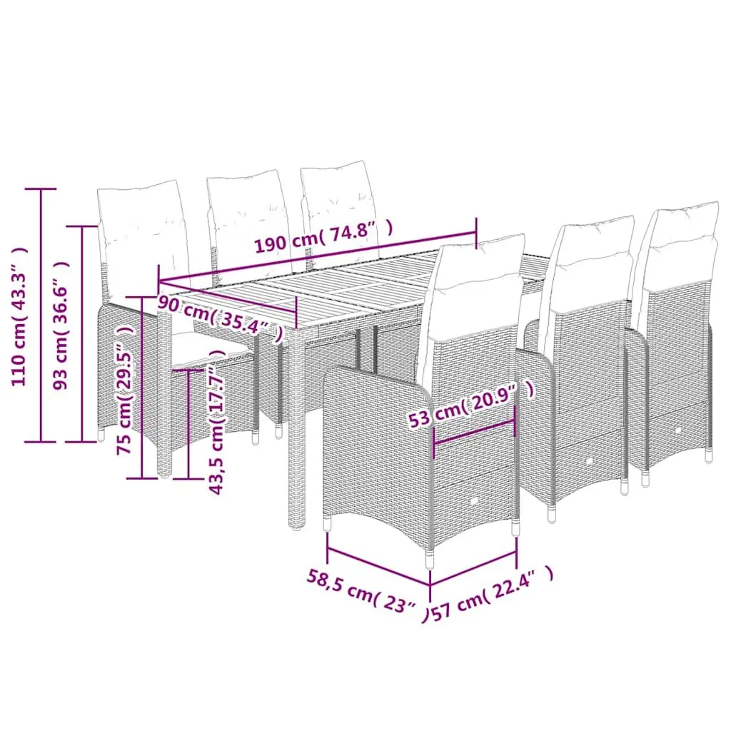 9 Piece Grey Outdoor Bistro Set Garden Furniture Poly Rattan Chairs Table
