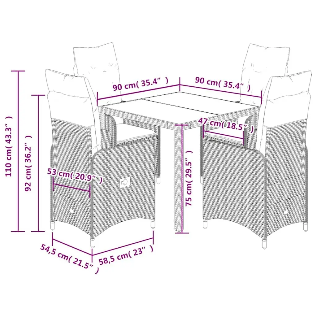 5 Piece Garden Bistro Set Grey Poly Rattan Outdoor Furniture with Cushions