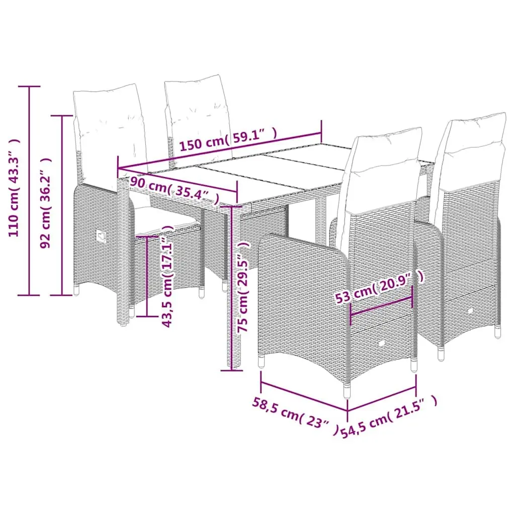 Outdoor Bistro Set 5 Piece Grey Poly Rattan Garden Furniture with Cushions