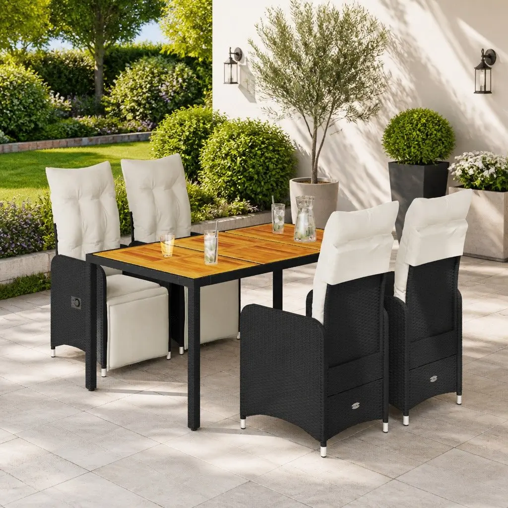 5 Piece Garden Bistro Set Outdoor Furniture Black PE Rattan with Cushions