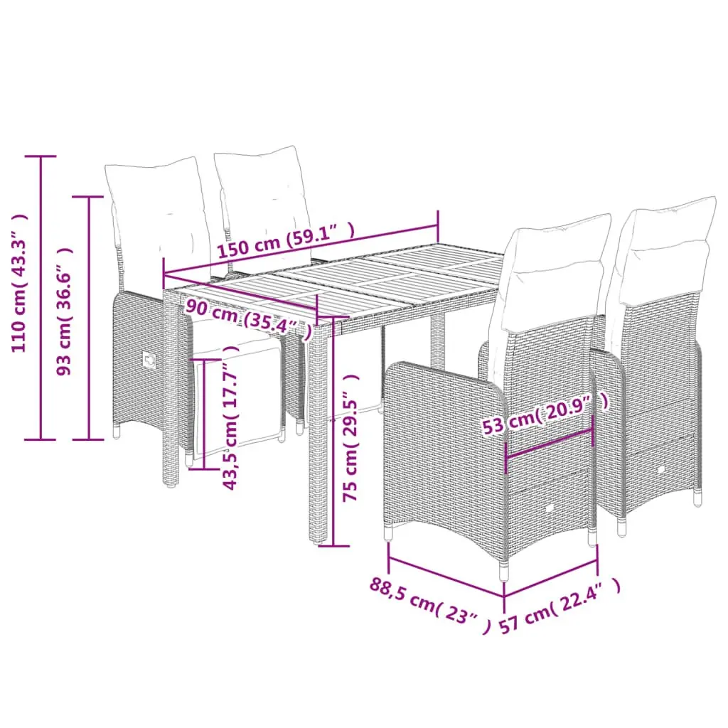 5 Piece Garden Bistro Set Outdoor Furniture Black PE Rattan with Cushions
