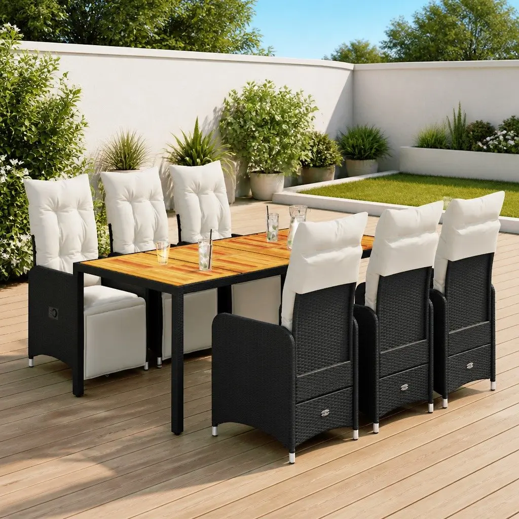 7 Piece Garden Bistro Set Outdoor Furniture Black Poly Rattan with Cushions