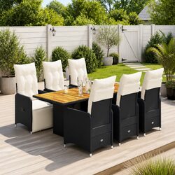 7 Piece Garden Bistro Set with Cushions Outdoor Dining Furniture Black Rattan