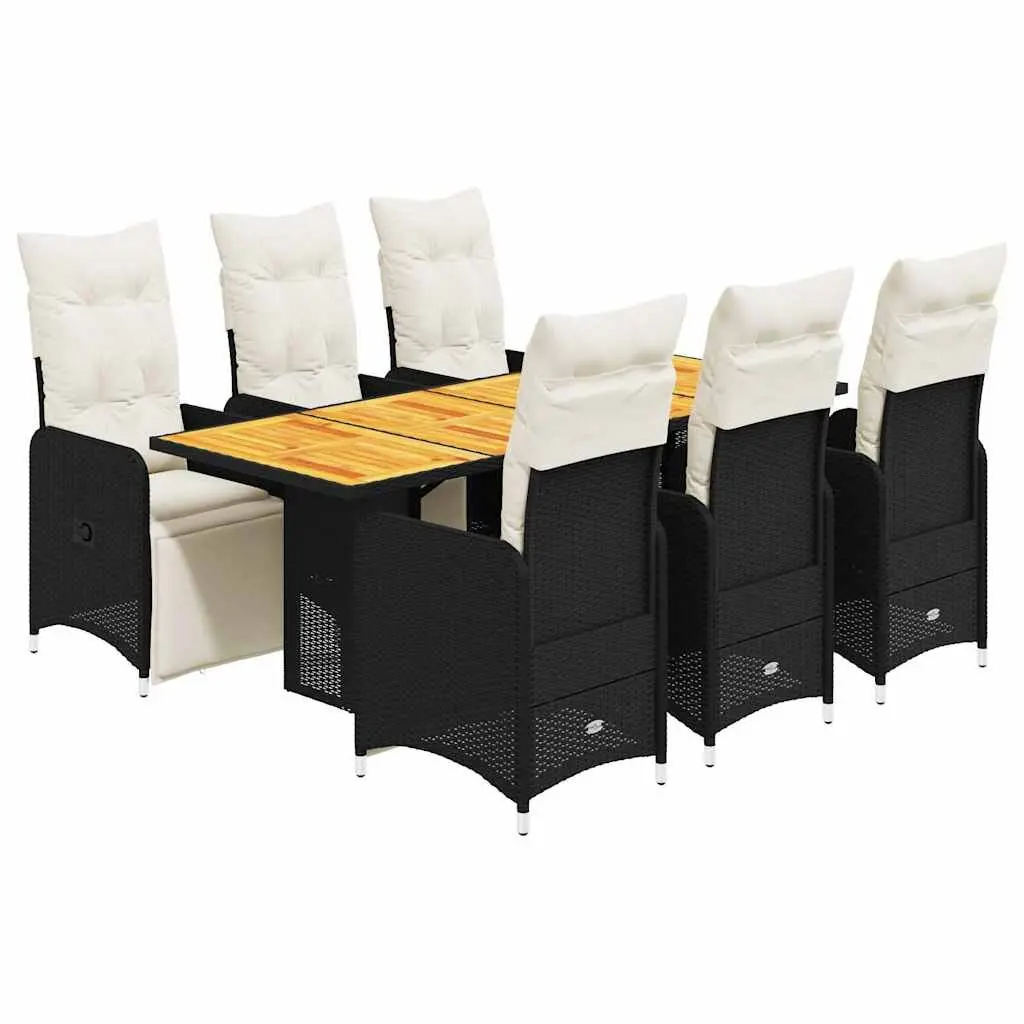 7 Piece Garden Bistro Set with Cushions PE Rattan Frame Acacia Wood Table Black