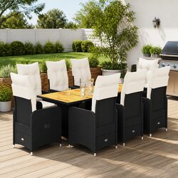 Garden Bistro Set 9 Piece Outdoor Furniture Black Poly Rattan with Cushions