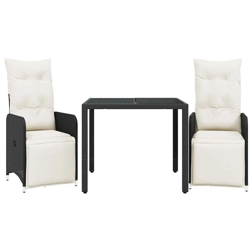 3 Piece Garden Bistro Set with Cushions Black Poly Rattan Outdoor Furniture