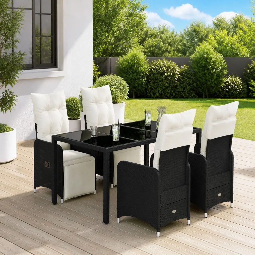 Garden Bistro Set 5 Piece Outdoor Furniture Black Poly Rattan with Cushions