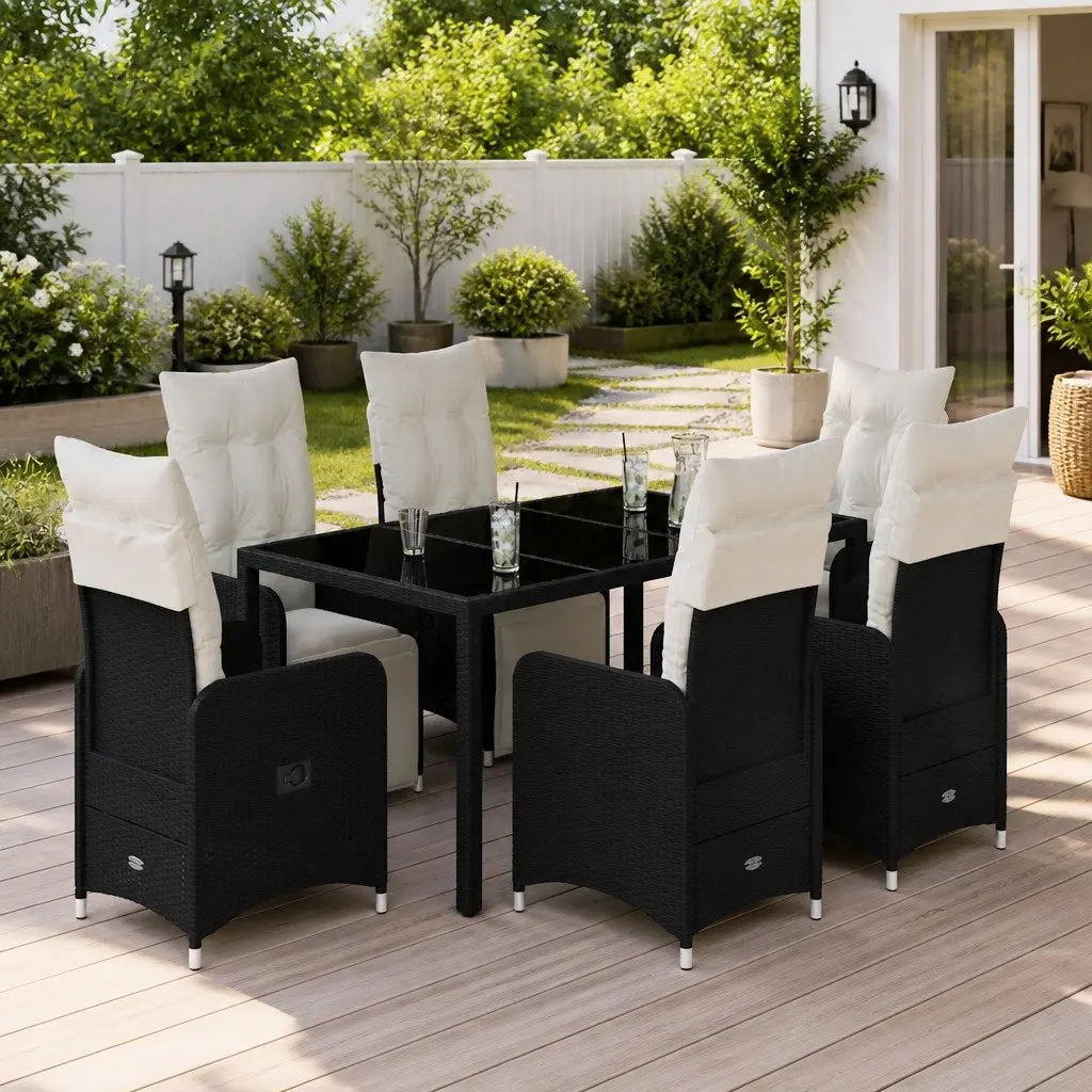 7 Piece Garden Bistro Set Outdoor Furniture with Cushions Black Poly Rattan