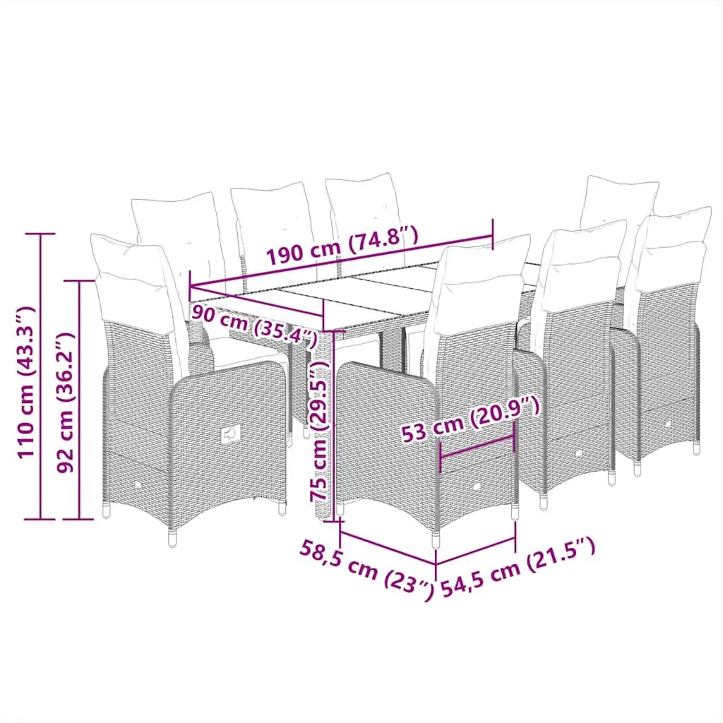 Outdoor Bistro Furniture Set 9 Piece Garden Seating PE Rattan with Cushions