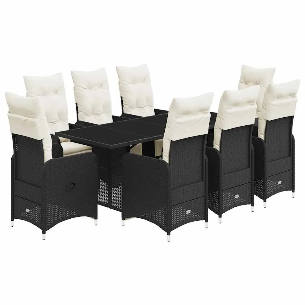 9 Piece Outdoor Garden Bistro Set Black Poly Rattan Chair Table Cushions