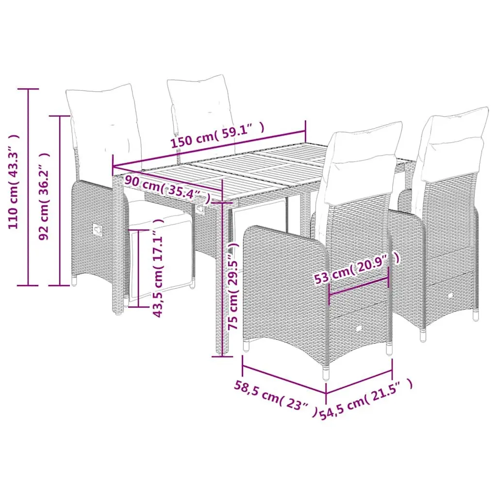 Garden Bistro Set 5 Piece Outdoor Furniture Grey Poly Rattan with Cushions