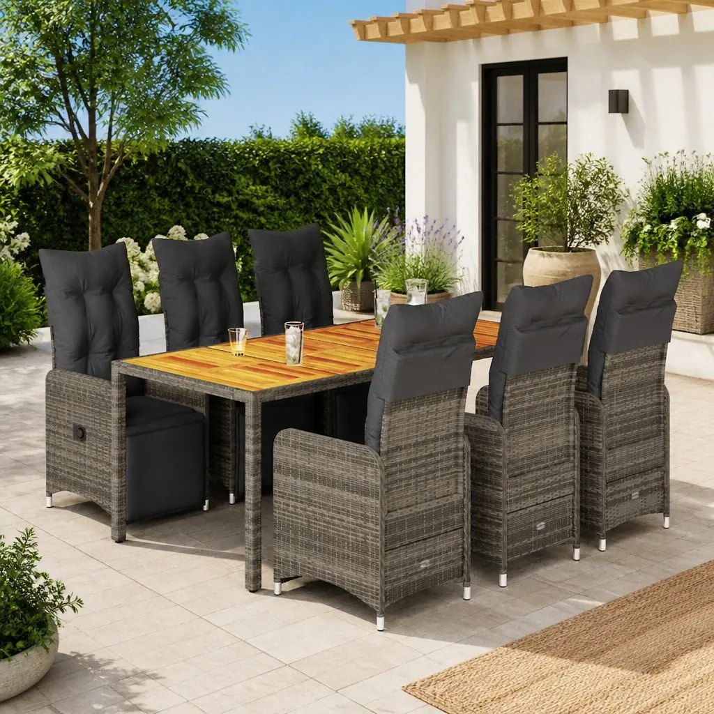 Outdoor Bistro Set 7 Piece Grey Poly Rattan Garden Furniture with Cushions
