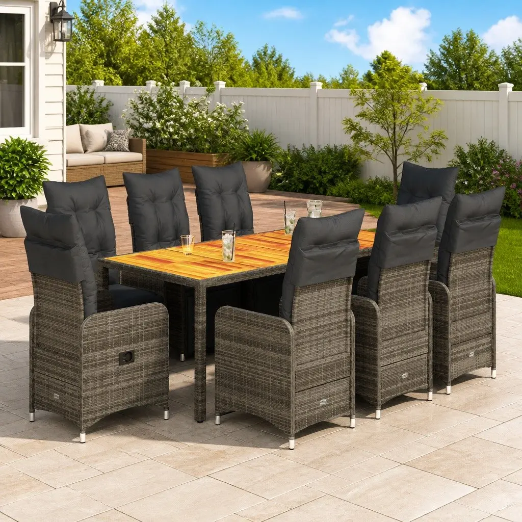 Garden Bistro Set 9 Piece Outdoor Furniture Grey Poly Rattan with Cushions