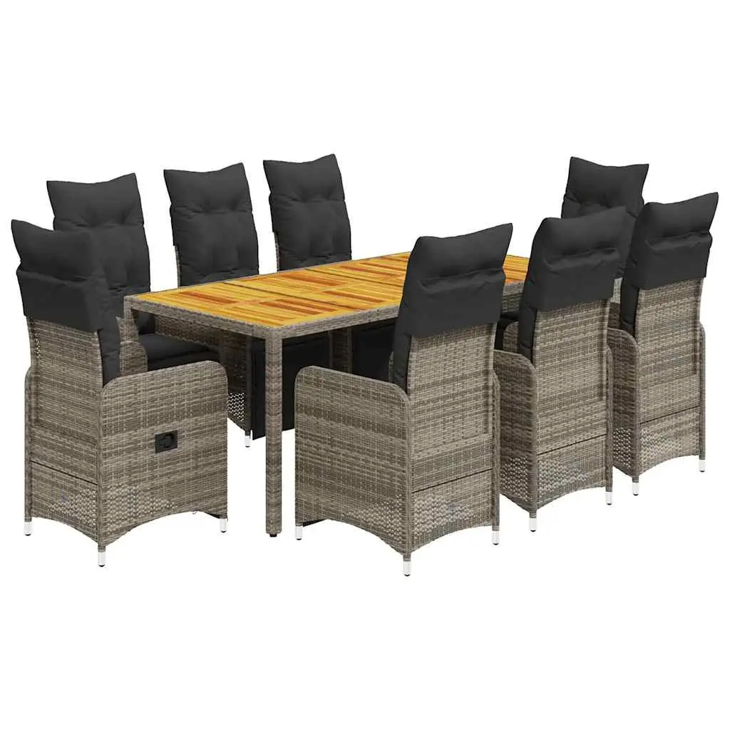 Garden Bistro Set 9 Piece Outdoor Furniture Grey Poly Rattan with Cushions