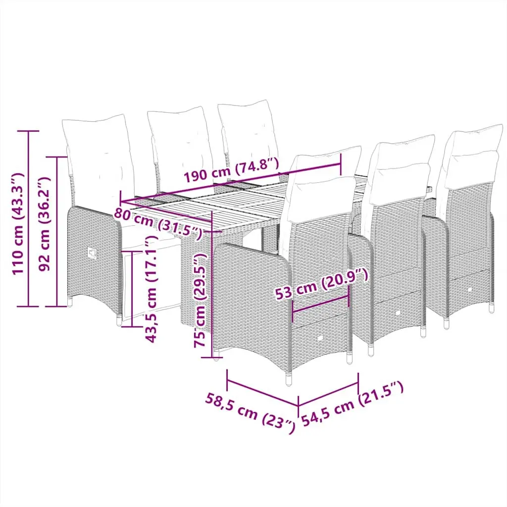 Garden Bistro Set 7 Piece Outdoor Furniture Grey PE Rattan Chairs Acacia Wood Table