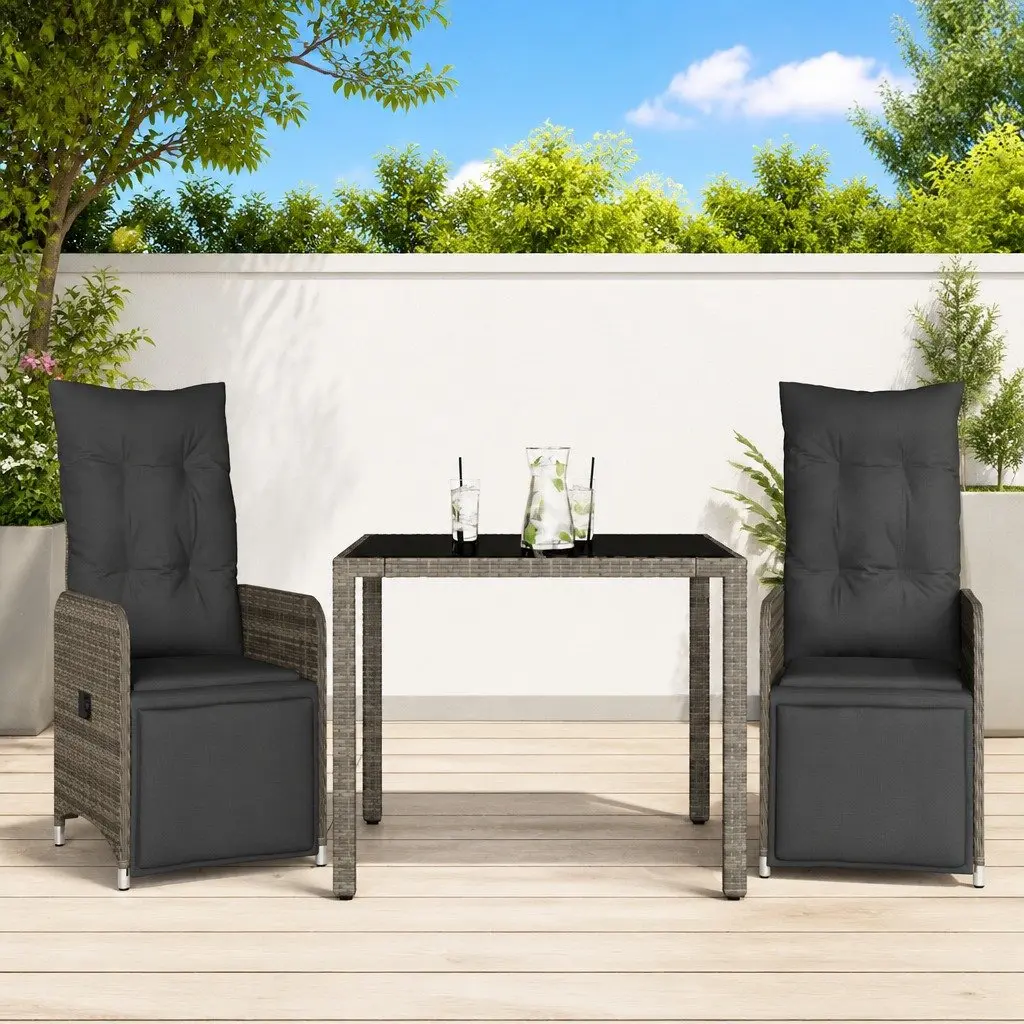 Outdoor Bistro Set 3 Piece Grey Poly Rattan Garden Furniture with Cushions