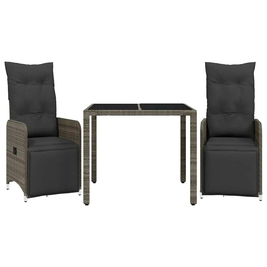 Outdoor Bistro Set 3 Piece Grey Poly Rattan Garden Furniture with Cushions