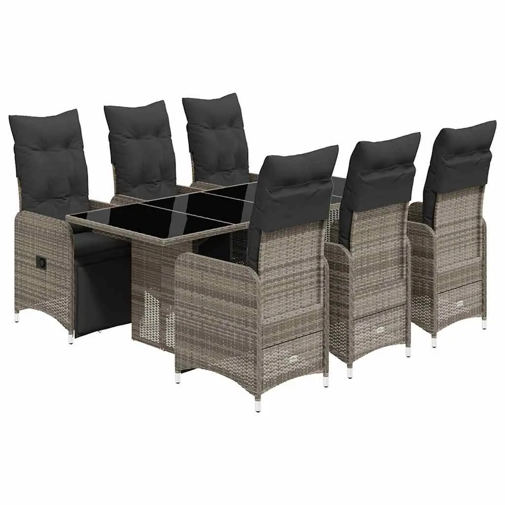 7 Piece Outdoor Bistro Set Grey Poly Rattan Garden Furniture with Cushions