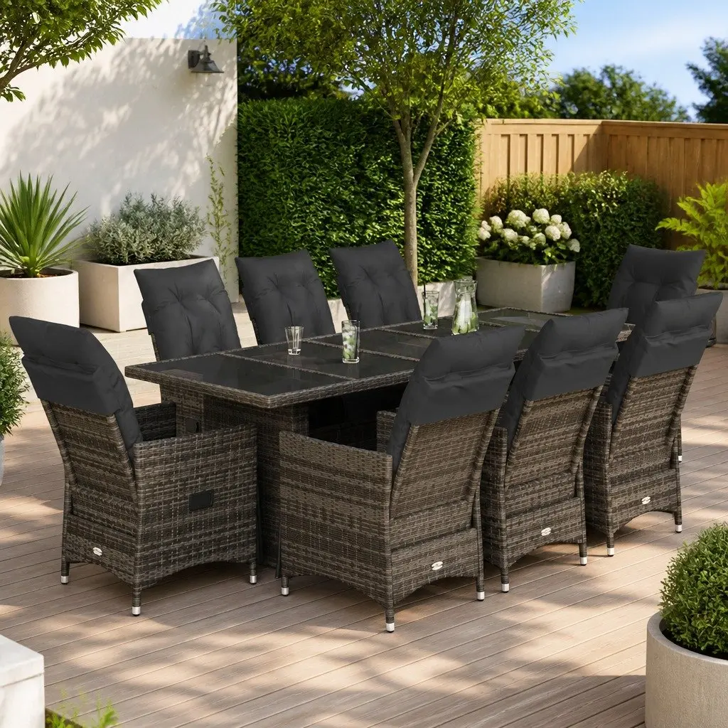 Bistro Set 9 Piece Outdoor Furniture Adjustable Backrest Grey PE Rattan