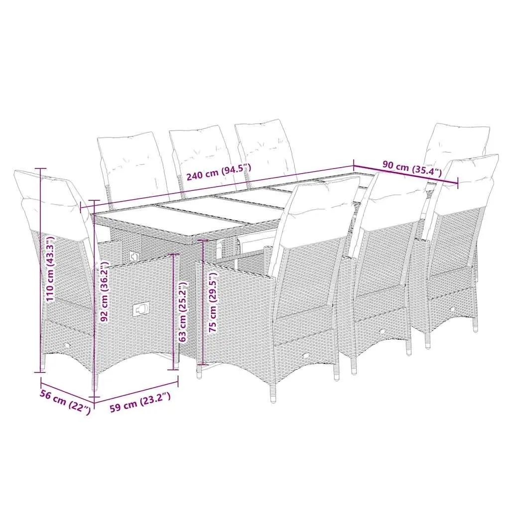 Bistro Set 9 Piece Outdoor Furniture Adjustable Backrest Grey PE Rattan