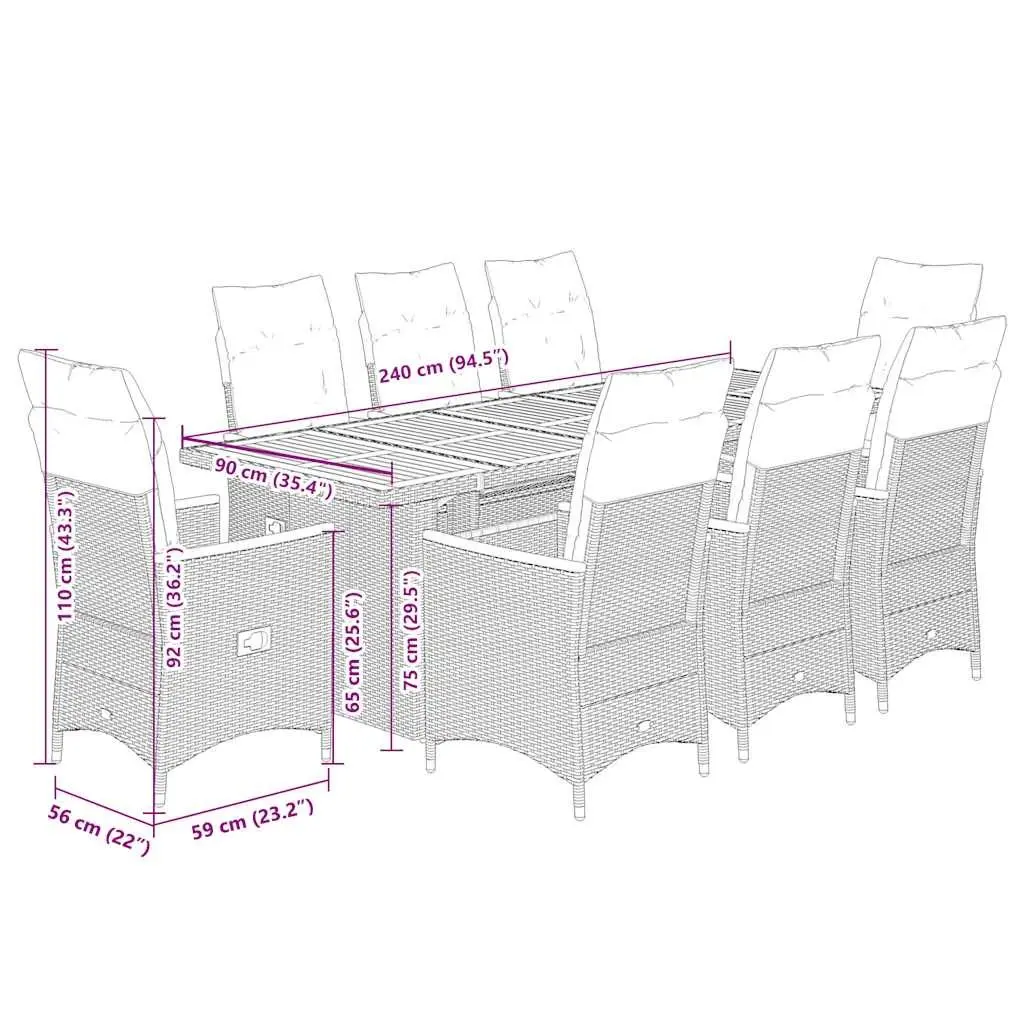 Garden Bistro Set 9 Piece Outdoor Furniture Black Poly Rattan with Cushions