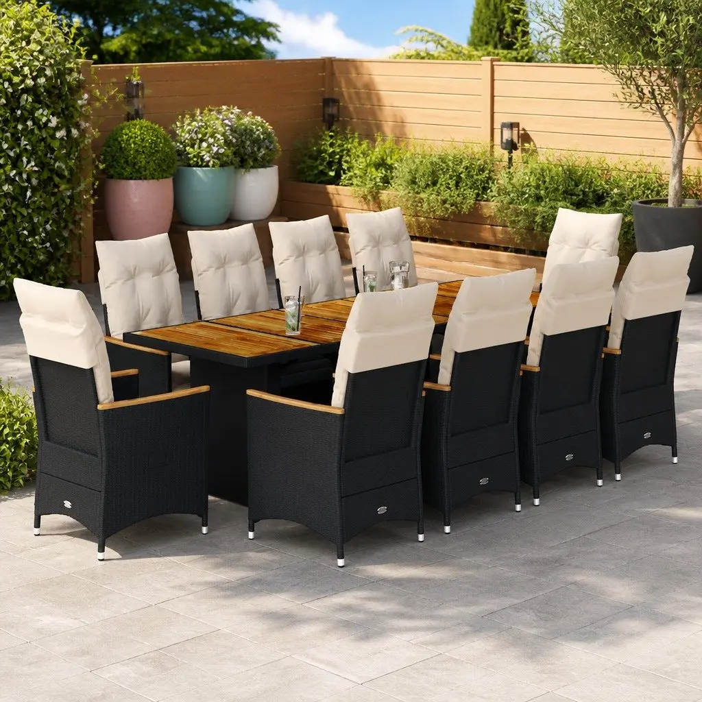 Bistro Set 11 Piece Outdoor Furniture Adjustable Seating Black Poly Rattan with Cushions