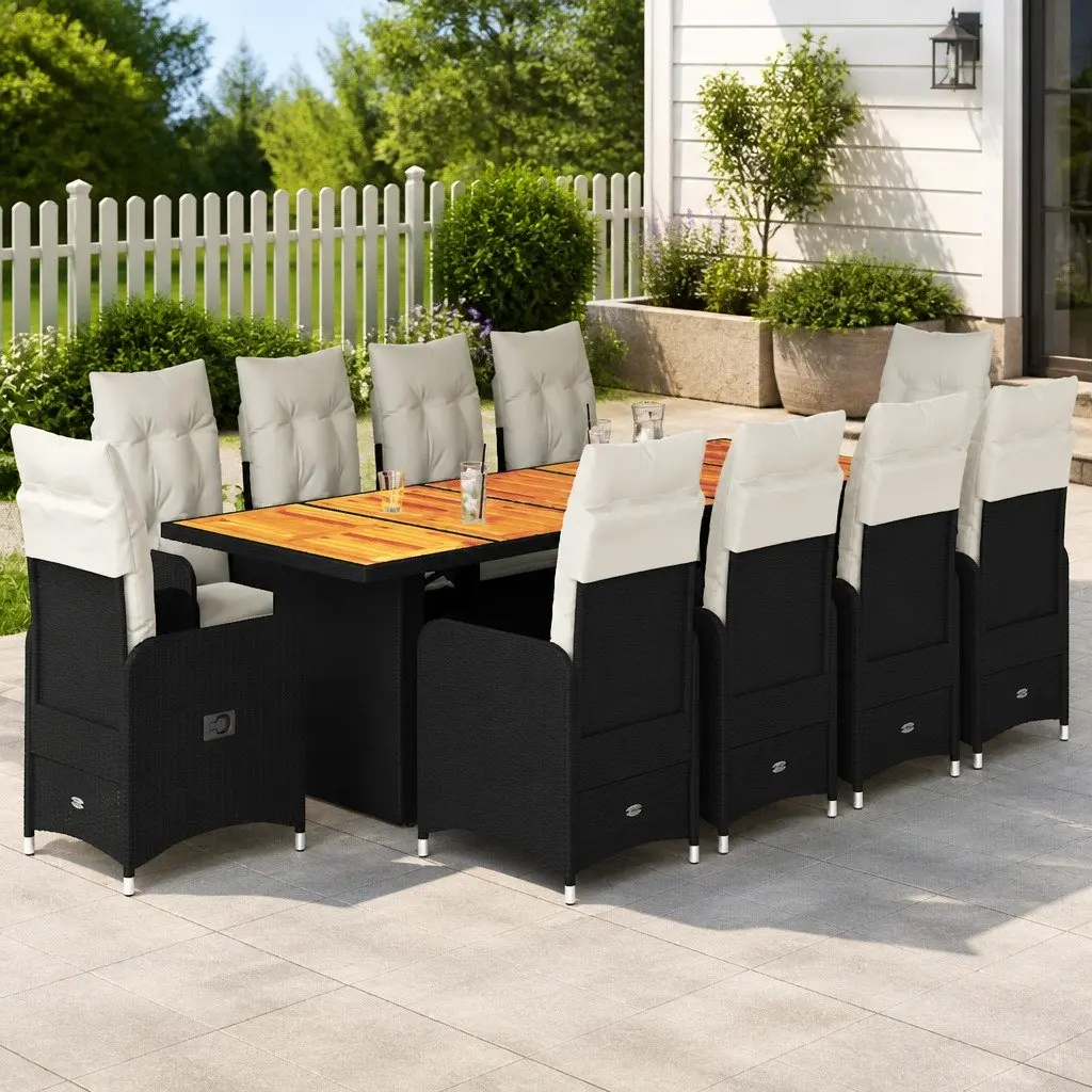 11 Piece Bistro Set with Cushions PE Rattan Acacia Wood Outdoor Furniture Black