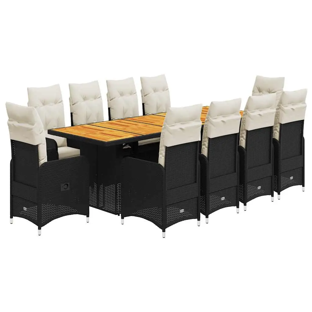 11 Piece Bistro Set with Cushions PE Rattan Acacia Wood Outdoor Furniture Black