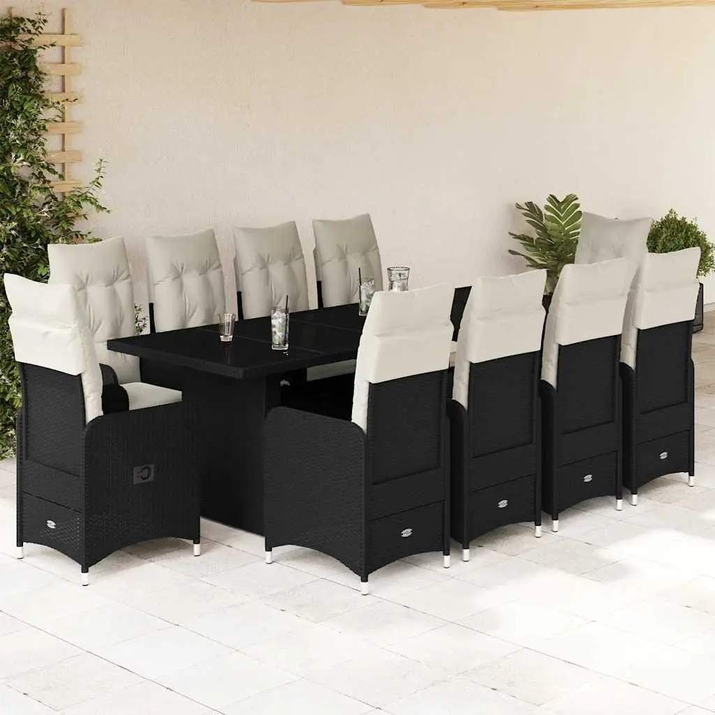 11 Piece Garden Bistro Set Black Poly Rattan with Cushions Outdoor Furniture