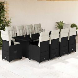 11 Piece Garden Bistro Set Black Poly Rattan with Cushions Outdoor Furniture