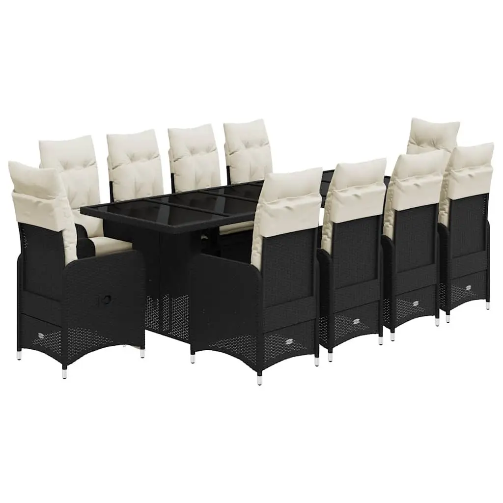 11 Piece Garden Bistro Set Black Poly Rattan with Cushions Outdoor Furniture