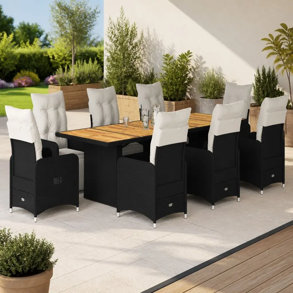 Bistro Set 9 Piece Outdoor Furniture Poly Rattan Black with Cushions