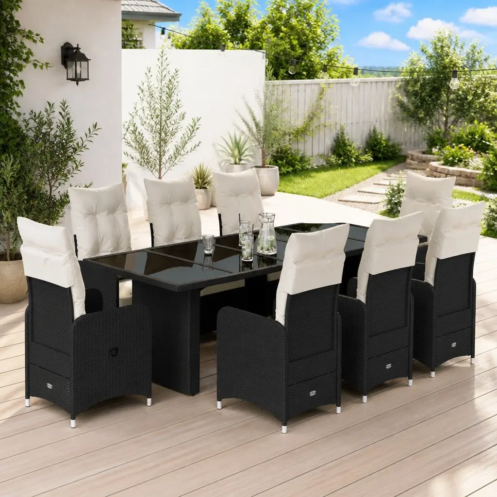 Garden Bistro Set 9 Piece Outdoor Furniture Black Poly Rattan with Cushions