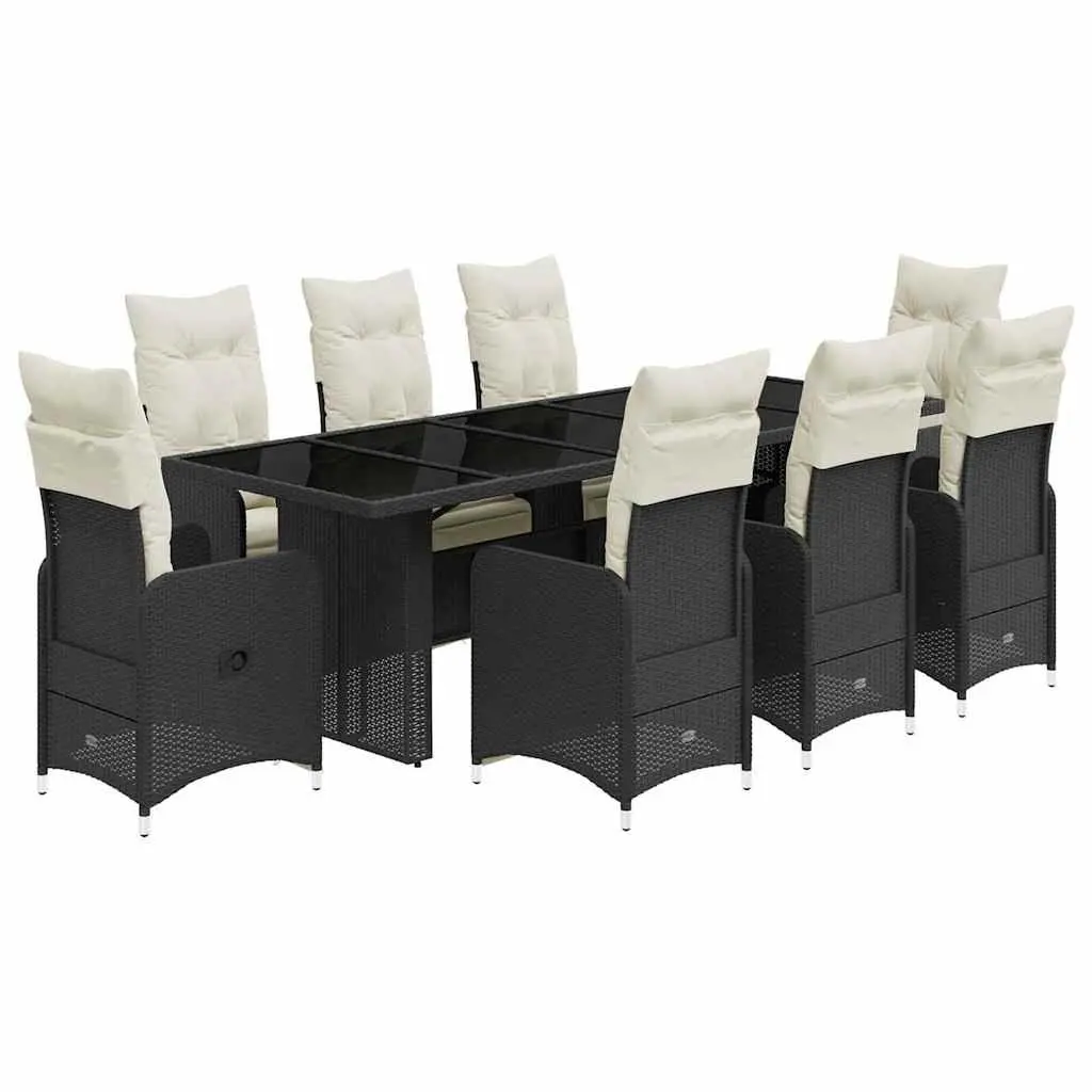 Garden Bistro Set 9 Piece Outdoor Furniture Black Poly Rattan with Cushions
