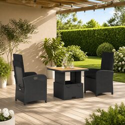 Garden Dining Set 3 Piece Outdoor Furniture with Cushions Black Poly Rattan