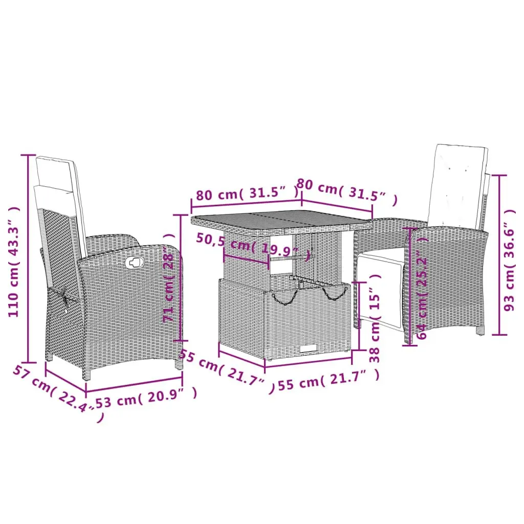 Garden Dining Set 3 Piece Outdoor Furniture Black Poly Rattan Adjustable