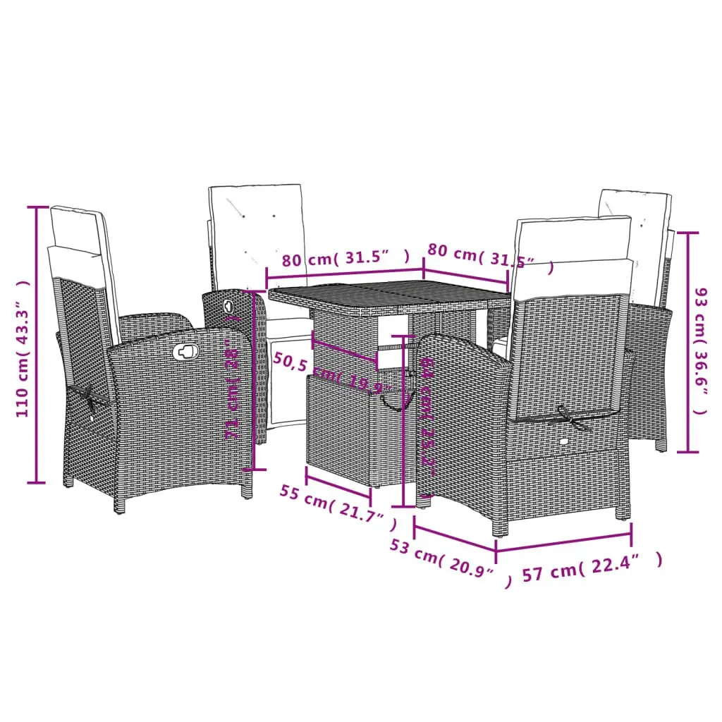 Garden Dining Set 5 Piece Outdoor Furniture Black Rattan Adjustable Table