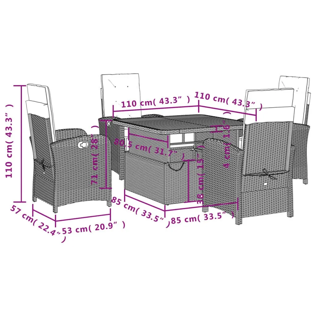 Garden Dining Set 5 Piece Adjustable Table Black Poly Rattan Outdoor Furniture