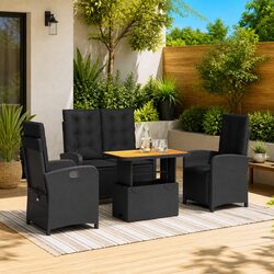 4 Piece Outdoor Garden Dining Set Black Poly Rattan Chairs Table Cushions