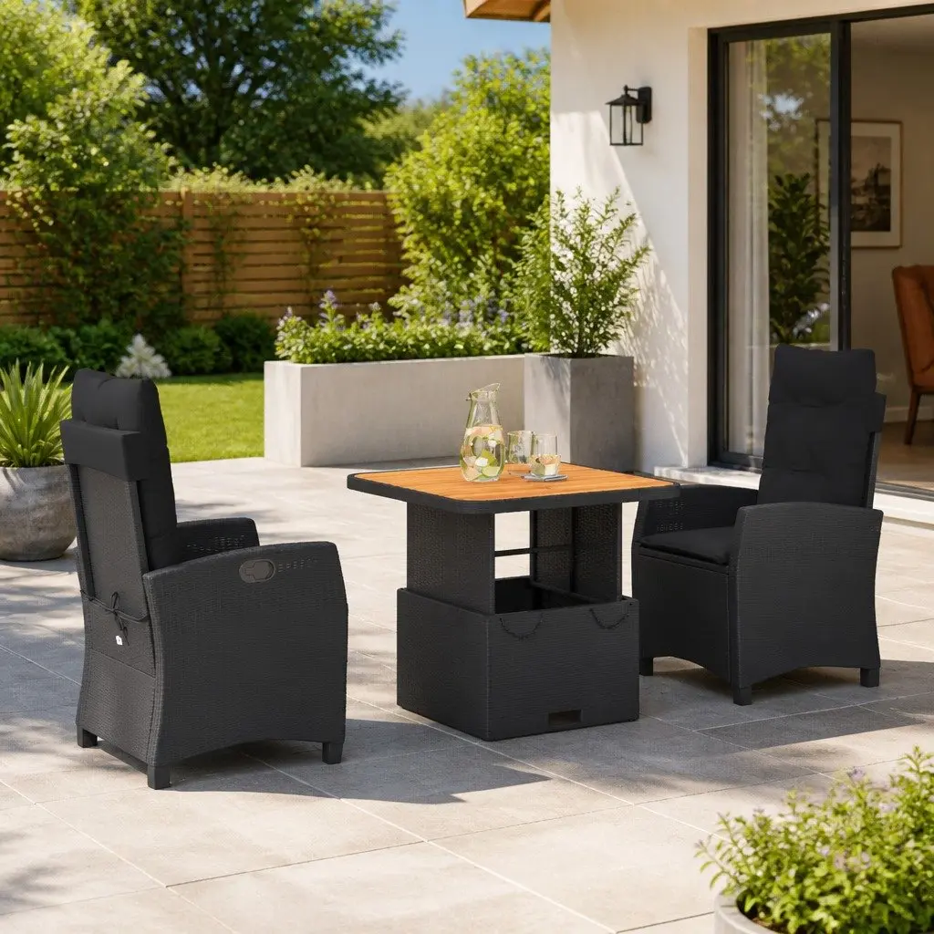 Outdoor Dining Set 3 Piece Garden Furniture Black Poly Rattan with Cushions