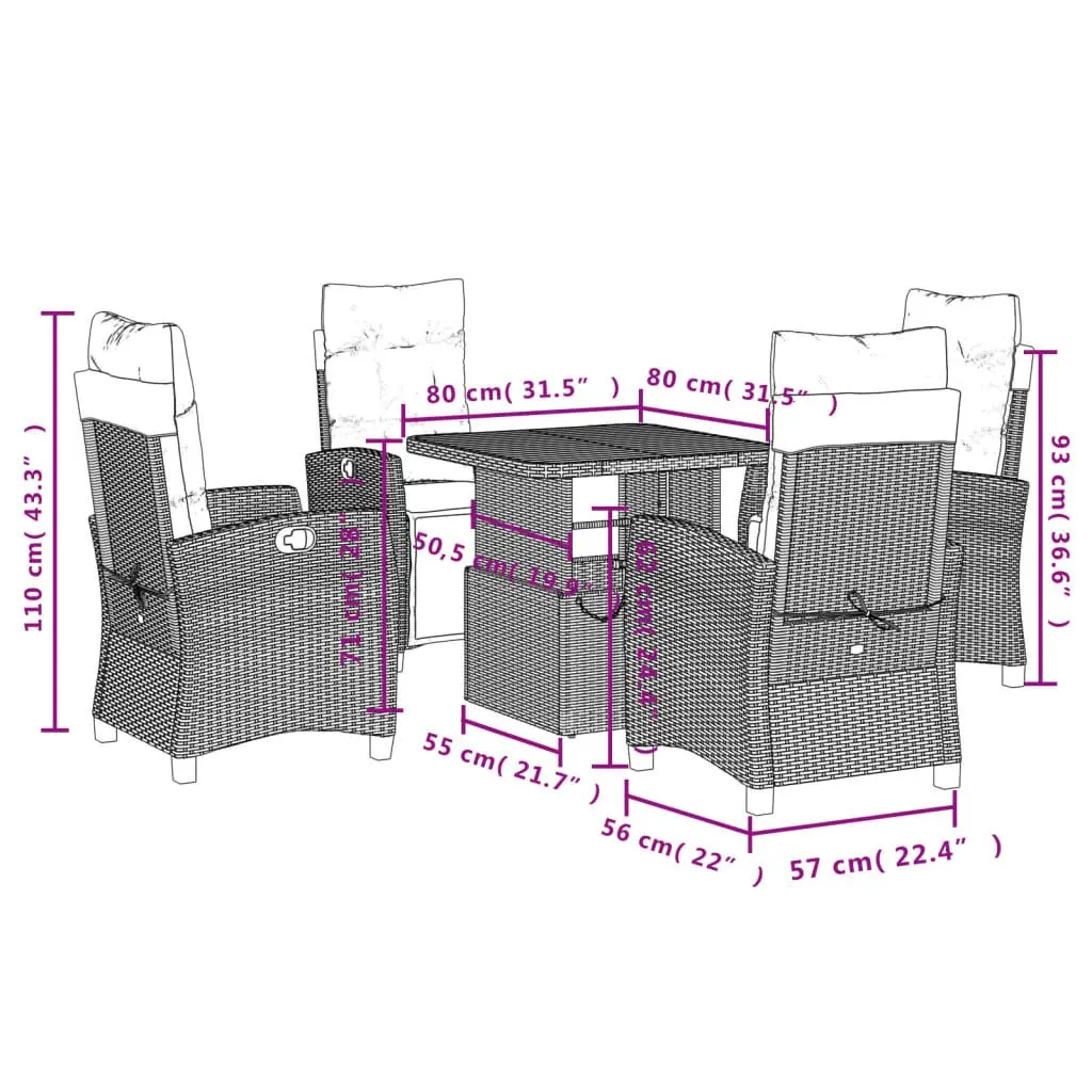 Garden Dining Set 5 Piece Outdoor Furniture Adjustable Backrest Black PE Rattan Table Chairs