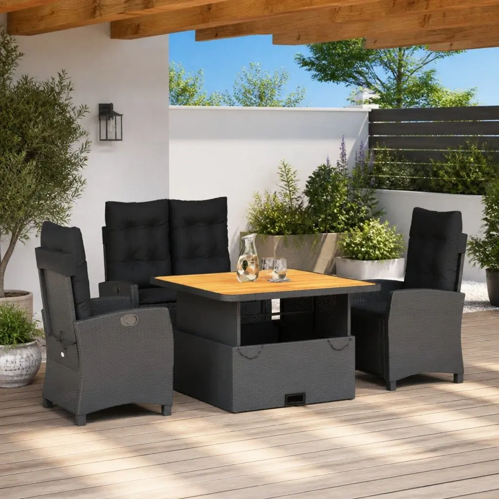 4 Piece Outdoor Dining Set Adjustable Backrest Black PE Rattan Garden Furniture with Cushions