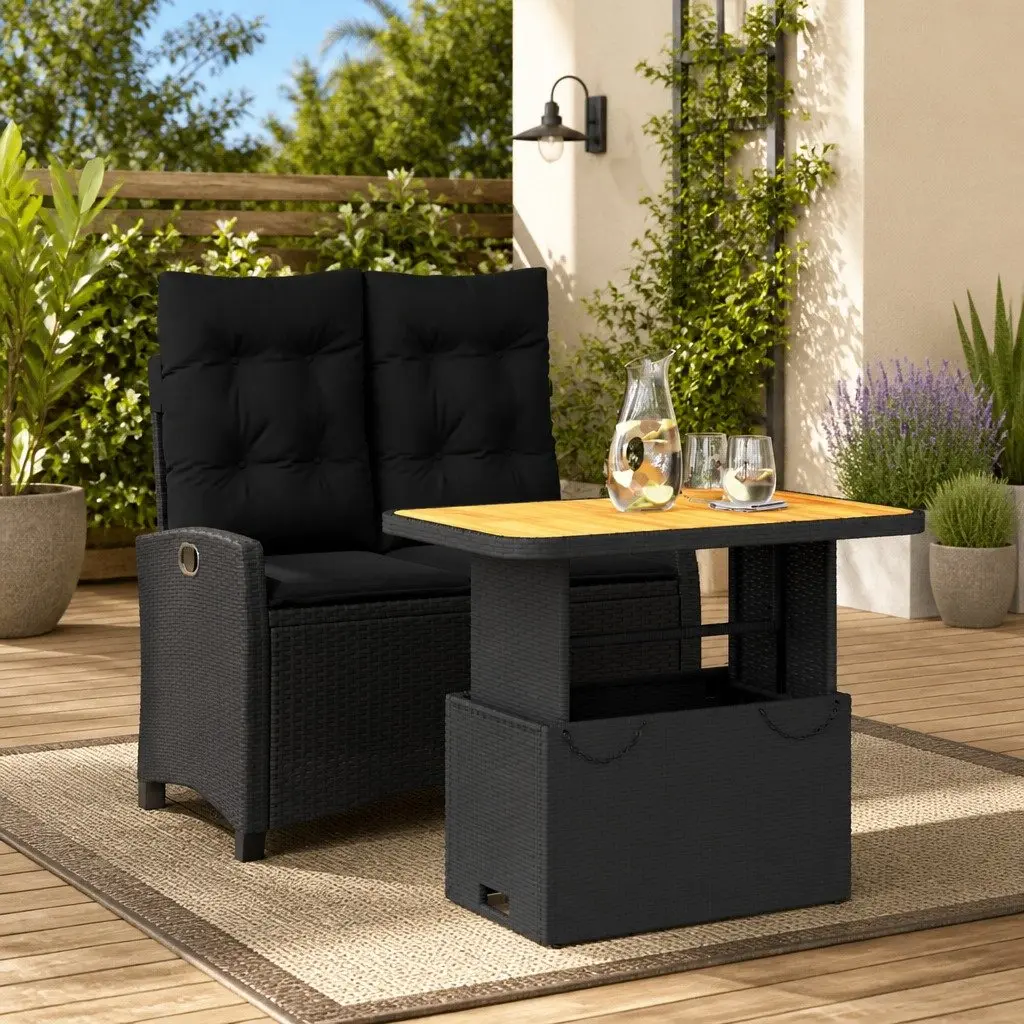 Garden Dining Set 2 Piece Adjustable Black Poly Rattan Outdoor Furniture