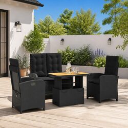 4 Piece Outdoor Dining Set Black PE Rattan Garden Furniture with Adjustable